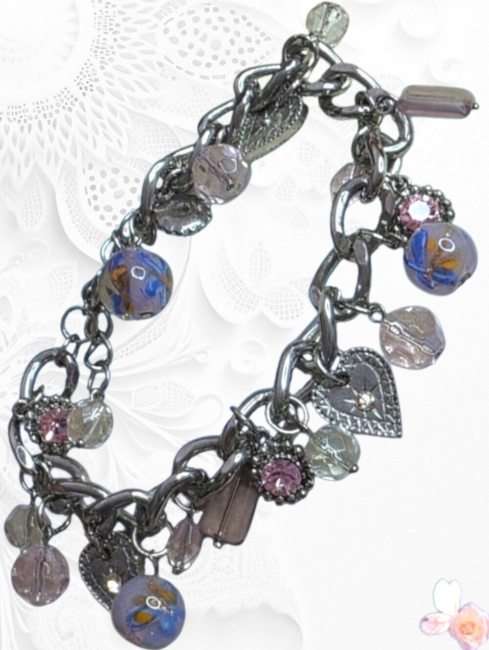 Chunky Heart Charm Bracelet Glass & Crystal Beads Pink Statement Silver